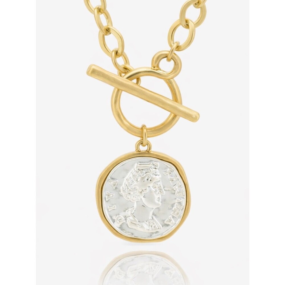 18K Gold Coin Medallion Necklace Chunky Toggle Chain Vintage Worn Pendant 18”